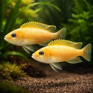 Lamprologus caudopunkt. orange 4 — pair in a planted aquarium — representative image - view 2