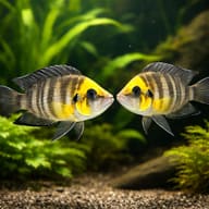 Lamprologus comp. goldhead 3 — pair in a planted aquarium — representative image - view 2