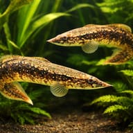 Two Half-Banded Spiny Eels swimming among dense green plants - view 2