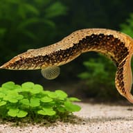 Half-Banded Spiny Eel bending above pale sand and bright green leaves - view 4