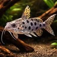 Large-Spot Synodontis with black spots and long barbels swimming over gravel and wood - view 1