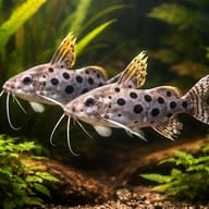 Two Large-Spot Synodontis swimming together among green plants and wood - view 2