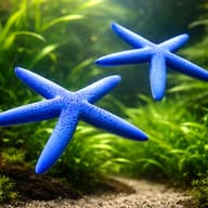 Blue Starfish - Marine Aquarium Livestock — Linckia Laevigata Blue Starfish for UK Aquariums — pair in a planted aquarium - view 2