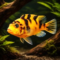 Illustrative OB Red Zebra Mbuna with orange base and dark blotches; supplied pattern and sex vary — representative image - view 1