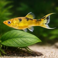 Lyra Molly Black (Poecilia sphenops lyra molly) close view beside an aquarium plant - view 4