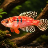Magnificius Pearl Fish, Hypsolebias magnificus, planted driftwood aquarium view — representative image - view 1