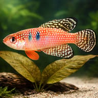 Magnificius Pearl Fish (Hypsolebias magnificus) size reference beside aquarium plants — representative image - view 4