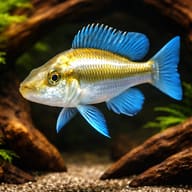 Malawi Eye-Biter (Dimidiochromis compressiceps) beside aquarium driftwood — representative image - view 1