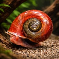 Red Giant Ramshorn Apple Snail (Marisa cornuarietis) on driftwood, showing its flat coiled red shell - representative image - view 1