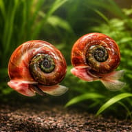 Two Red Giant Ramshorn Apple Snails (Marisa cornuarietis) in a planted freshwater aquarium - representative image - view 2