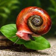 Red Giant Ramshorn Apple Snail (Marisa cornuarietis) close view on a leaf, showing shell banding and its long slender - view 4