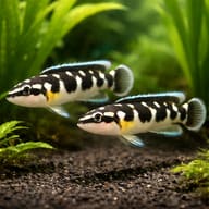 Masked Julie, Black and White (Julidochromis transcriptus) pair in a planted aquarium — representative image - view 2