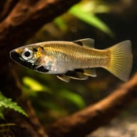 Metallic Topminnow (Girardinus metallicus) in a planted driftwood aquarium scene — representative image - view 1