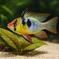 Black Ram Cichlid (Mikrogeophagus ramirezi) close view showing fin and scale detail — representative image - view 4