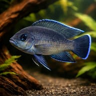 Representative digital illustration of adult-form Moore's Lamprologus in a planted aquarium — representative image - view 1