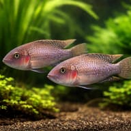 Mottled Lamprologus pair in planted Tanganyika-style aquarium view - view 2