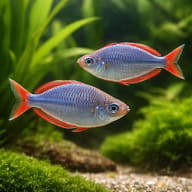 Neon Dwarf Rainbowfish group showing blue body and red fins (Melanotaenia praecox) — representative image - view 2