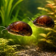 Neritina sp. black helmet 1 — pair in a planted aquarium — representative image - view 2