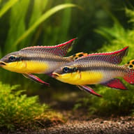 Pelvicachromis taeniatus bandewouri pair in a planted aquarium — representative image - view 2