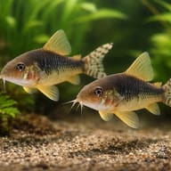 Pair of Palespotted Cory catfish resting together in a planted aquarium — reference view - view 2