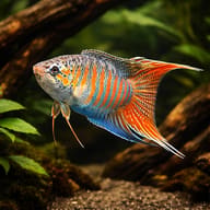 Blue Paradise Fish swimming among green plants and dark wood - view 2