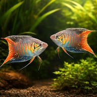 Two Blue Paradise Fish facing each other in a planted aquarium - view 3