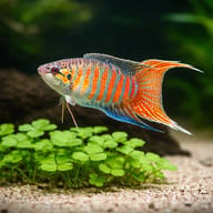 Blue Paradise Fish above bright green plants and pale gravel - view 5