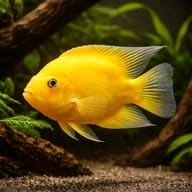 Yellow Parrot Cichlid beside aquarium driftwood — representative image - view 2