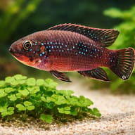 Payne's Jewel Cichlid scale reference beside aquarium plants — representative image - view 4
