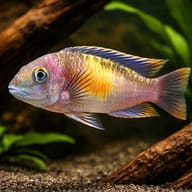 Super Red Kribensis Cichlid (Pelvicachromis pulcher) in driftwood aquarium - view 1