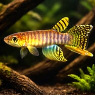 Peruvian Longfin, Aphyolebias peruensis, planted driftwood aquarium view — representative image - view 1