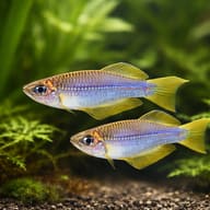 Nga Lampeye (Plataplochilus ngaensis) — Pair of Nga Lampeyes showing blue body colour in a planted aquarium - view 2