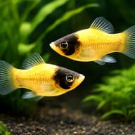 Bumblebee Platy Fish (Xiphophorus maculatus) — Two representative Bumblebee Platies in a planted aquarium - view 2