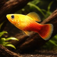 Platy Variatus Simson (Xiphophorus variatus sunset simpson) beside aquarium driftwood - view 1