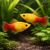 Platy Variatus Simson (Xiphophorus variatus sunset simpson) pair in a planted aquarium - view 2