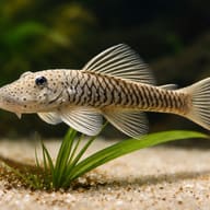 Chaetostoma thomsoni close view beside an aquarium plant - view 4