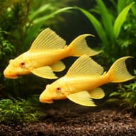 Suckermouth Catfish Gold (Hypostomus plecostomus gold) pair in a planted aquarium - view 2