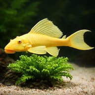 Suckermouth Catfish Gold (Hypostomus plecostomus gold) close view beside an aquarium plant - view 4