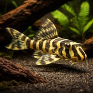Representative L134 Leopard Frog Pleco on driftwood; exact markings and individual appearance vary - view 1