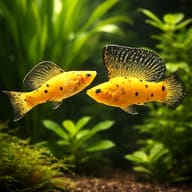 Pair of Gold Leopard Sailfin Mollies swimming in open water — representative image - view 3