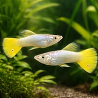 Poecilia Reticulata Male German Yellow - UK — pair in a planted aquarium — representative image - view 2
