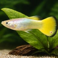 Poecilia Reticulata Male German Yellow - UK — close view showing fin and scale detail — representative image - view 4