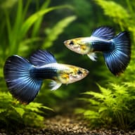 Two representative Metallic Blue Neon Male Guppies in a planted aquarium; each selected quantity supplies one male fish - view 2