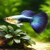 Representative Metallic Blue Neon Male Guppy beside aquarium plants; plant size is illustrative, not a fish measurement - view 4