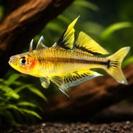 Popondetta Blue-eye Rainbowfish (Pseudomugil connieae) in a planted aquarium with driftwood and open swimming space - view 1