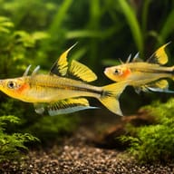 Pair of Popondetta Blue-eye Rainbowfish (Pseudomugil connieae) showing yellow fins in a planted aquarium - view 2