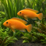 Red Zebra Cichlids, two plain orange fish with pale blue fin edges swimming in a planted aquarium - view 2