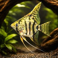 Representative Zebra Angelfish in a planted driftwood aquarium, showing multiple dark bars and tall fins - view 1