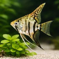 Representative Zebra Angelfish beside aquarium plants; plant size is illustrative, not a measurement - view 4