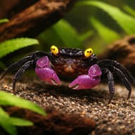 Purple Vampire Crab facing forward on gravel among green plants and dark wood - view 2